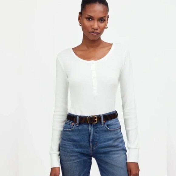 Madewell ns612 Black Waffle-Knit Scoopneck Henley Tee size med. NWT - Picture 2 of 8